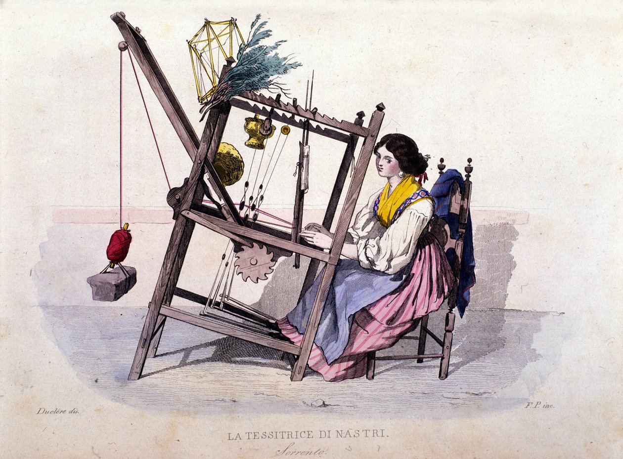 Pequena empresa do reino de Nápoles: jovem mulher de Sorrento a tecer fitas. Gravura a partir de uma pintura de F. Palizza. De uma obra de Francesco de Bourcard "Costumi del regno di Napoli" de Filippo Palizzi