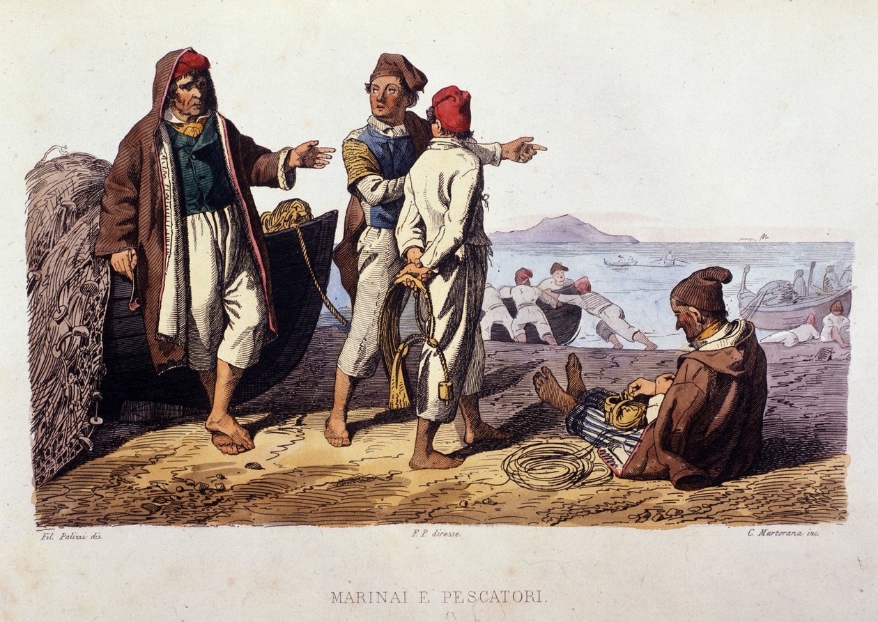 O pequeno metier do Reino de Nápoles: marinheiros e pescadores. Gravura depois de uma pintura de F. Palizza. De uma obra de Francesco de Bourcard "Costumi del regno di Napoli". de Filippo Palizzi