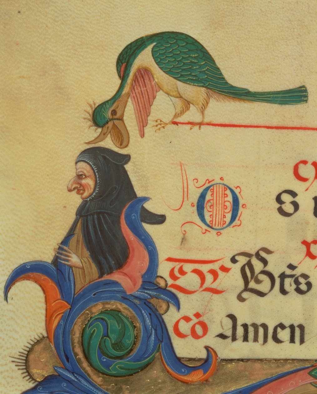 Missal 515 42r Um pássaro fantástico empoleirado acima de uma figura encapuzada, detalhe de R inicial decorado e borda de um livro de coro executado antes de 1449 detalhe de pergaminho de 56727 de Filippo di Matteo Torelli