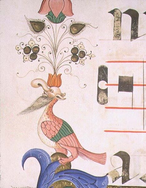 Missal 515 f.120v Pássaro Grotesco com cabeça humana, detalhe da margem decorativa de um Livro Coral executado antes de 1449 (vellum) de Filippo di Matteo Torelli