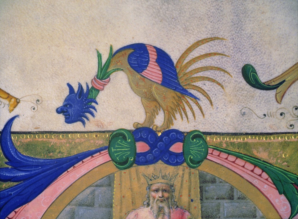 Missal 515 f.13v Criatura fantástica de duas patas com rosto humano, detalhe da borda decorativa de um livro de coros executado antes de 1449 (detalhe de 56721) de Filippo di Matteo Torelli