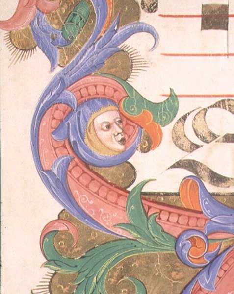 Missal 515 f.156r Folhagem Zoomórfica com cabeça camuflada, detalhe de uma margem decorativa de um Livro Coral executado antes de 1449 de Filippo di Matteo Torelli