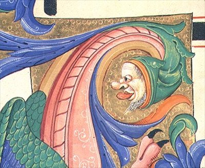 Missal 515 f.73v Folhagem zoomórfica representando uma cabeça masculina puxando um rosto, detalhe da decoração de uma inicial historiada de um Livro Coral executado antes de 1449 (vellum) de Filippo di Matteo Torelli