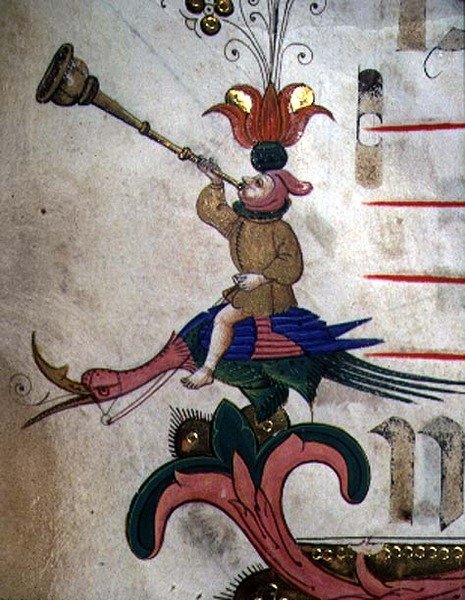 Missal 515 f.9r Figura soprando um chifre, montado em um pássaro aproveitado, detalhe da borda decorativa de um livro de coros executado antes de 1449 (detalhe de 88907) de Filippo di Matteo Torelli