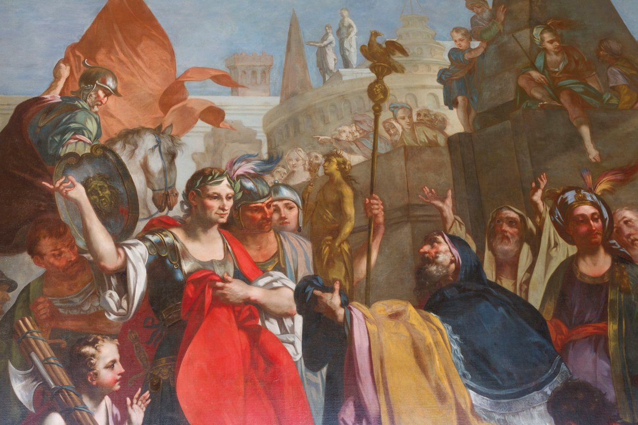 César debaixo dos muros de Alexandria, de Felice Manassero, tapeçaria, antessala, apartamento de Leste, residência de caça, de Filippo Juvarra (1678-1736), Stupinigi, Piemonte, Itália de Filippo or Juvara Juvarra