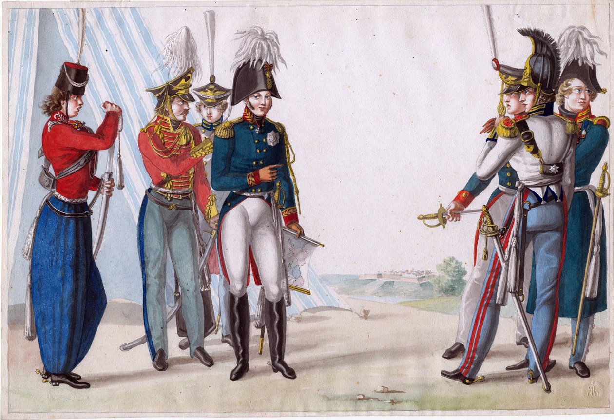 Alexandre Ier, czar de Russie (1777-1825) - Czar Alexandre I e oficiais russos - Finert (Finart), Noel Dieudonne (1797-1852) - 1815 - Aquarela sobre papel - 23,3x34,5 - Coleção Particular de Finart Noël Dieudonné