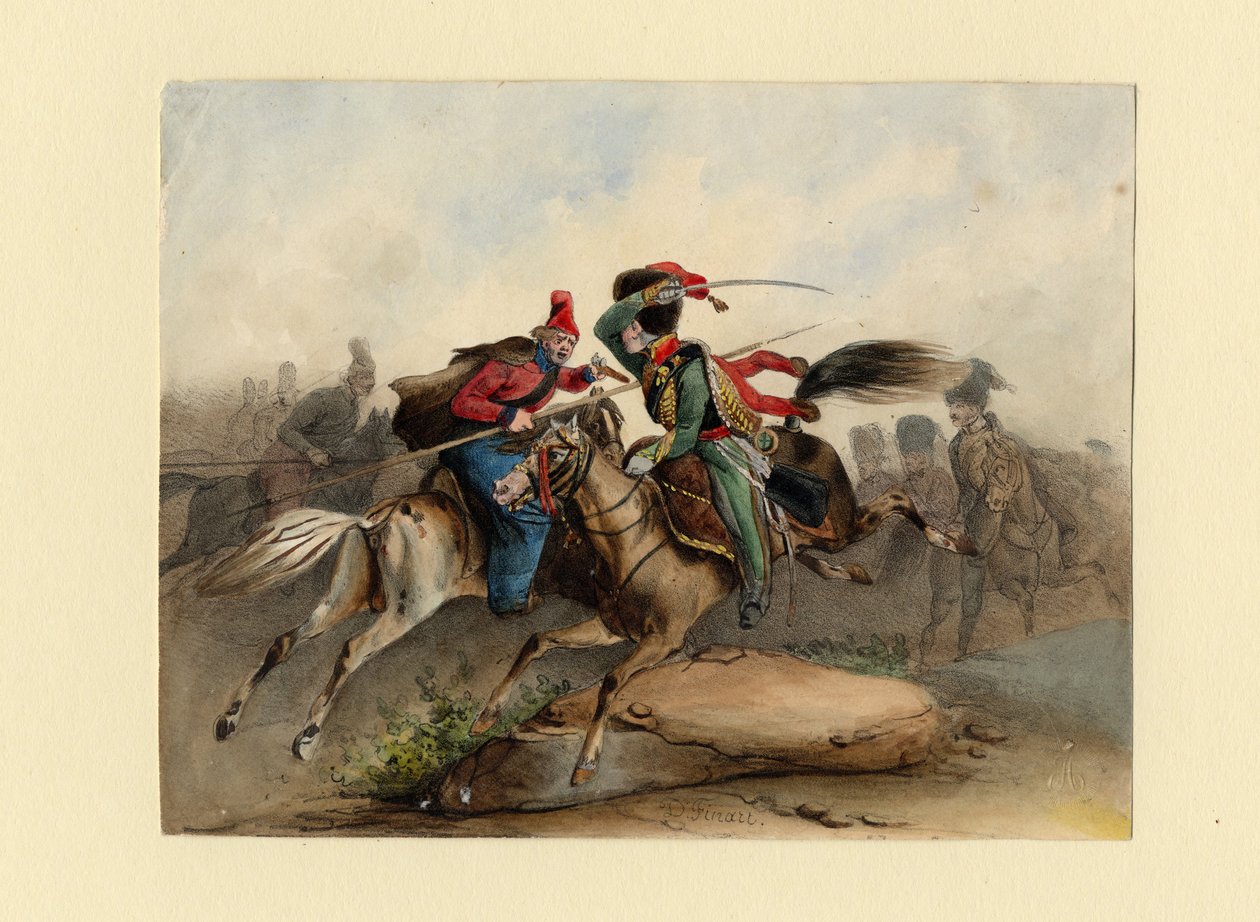 Caçadores de cavalos franceses da Guarda Imperial em combate com os cossacos russos, c. 1830 de Finert