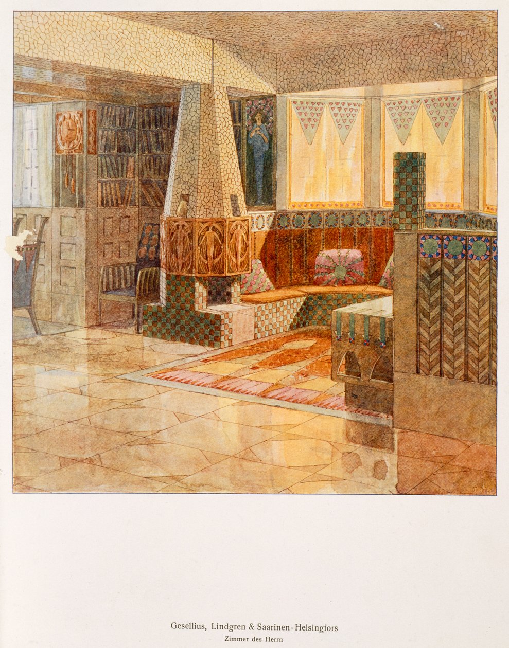 Sala Gentleman, desenhada por Gesellius, Lindgren e Sarrinen-Helsingfors, de uma publicação alemã, c.1895 de Finnish School
