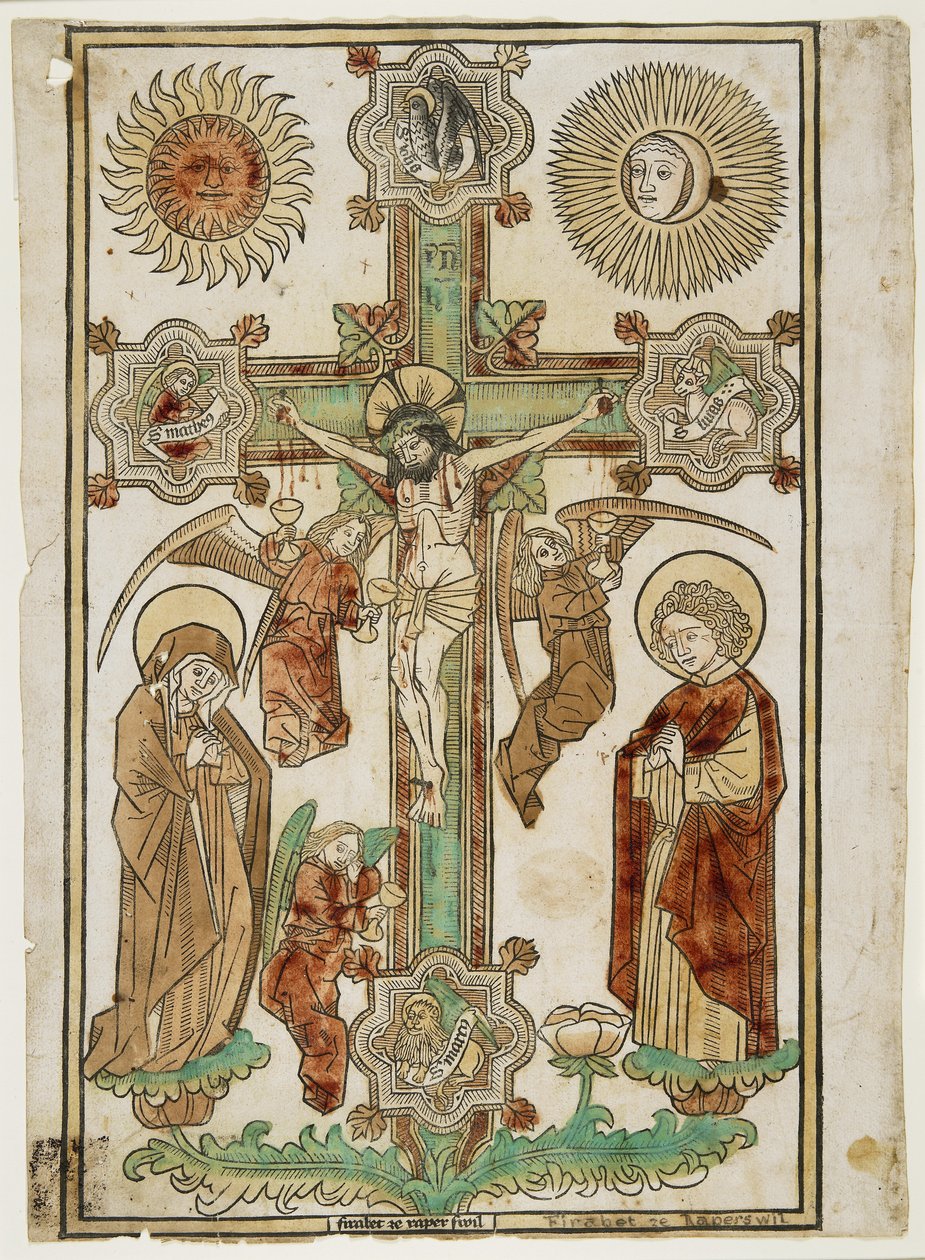 Crucifixo com Três Anjos e os Símbolos dos Evangelistas, c.1470-80 (xilogravura colorida à mão com vermelho, verde, amarelo e castanho claro e escuro) de Firabet of Rapperswil Firabet of Rapperswil