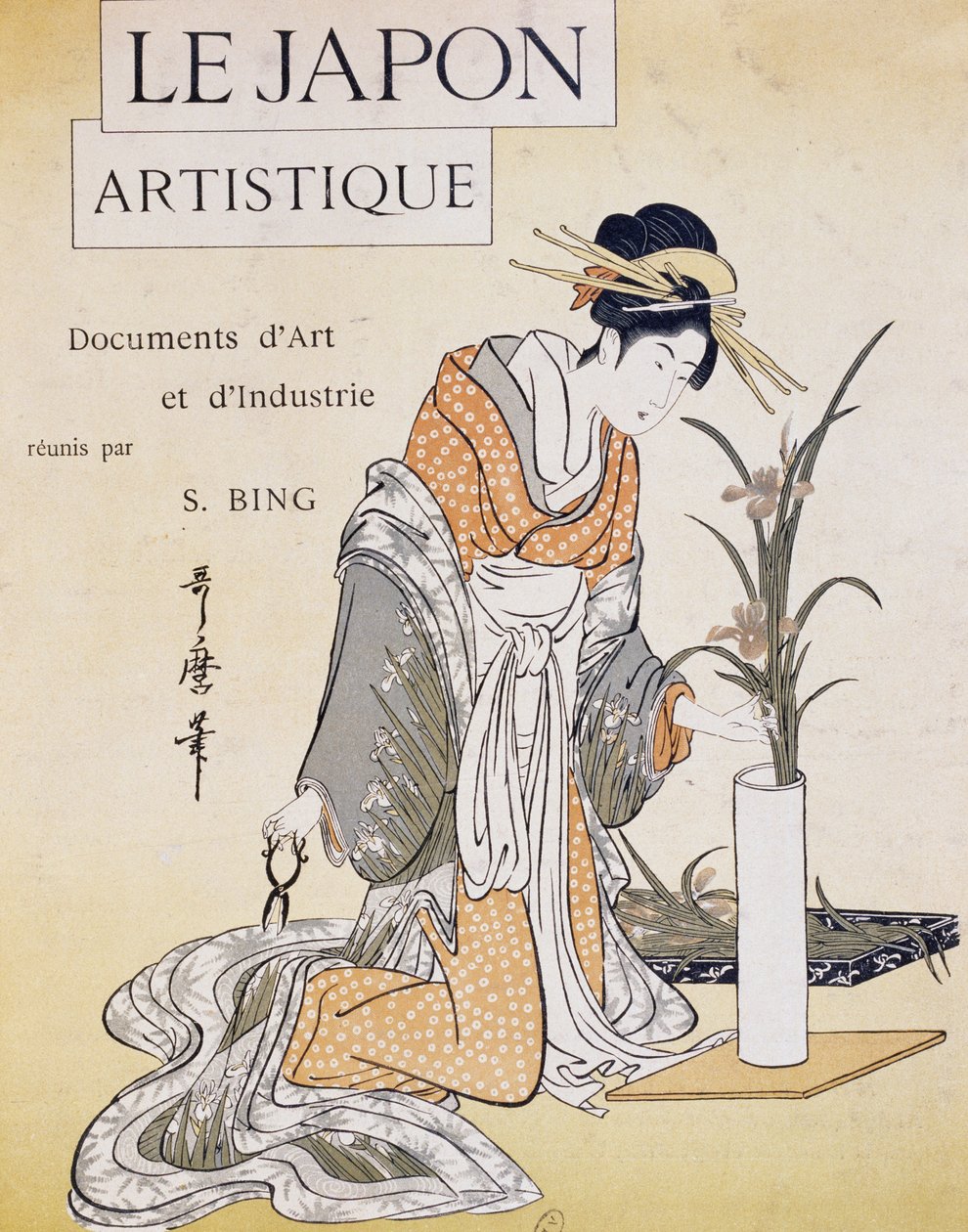 Mulher arranjando flores em vaso, capa de Firmin Gillot (1819-1872), Le Japon Artistique (Arte japonesa), documentos de arte e indústria recolhidos por Siegfried Bing (1838-1905), publicação mensal Julho 1889, França de Firmin Gillot