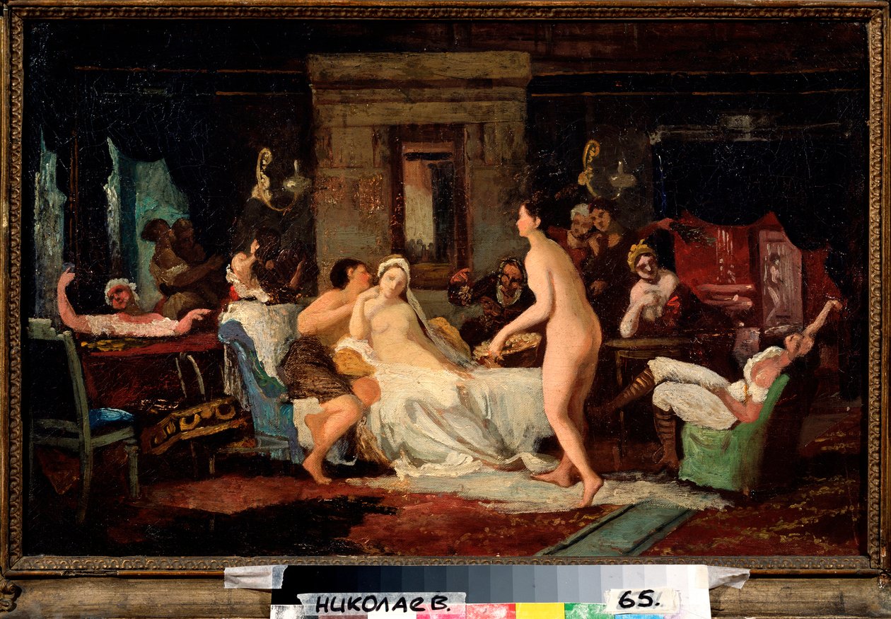 Véspera da Festa de Casamento num Banho - Pintura de Firs Sergeevich Zhuraviev (1836-1901), óleo sobre tela 1885, arte russa de Firs Sergeevich Zhuravlev