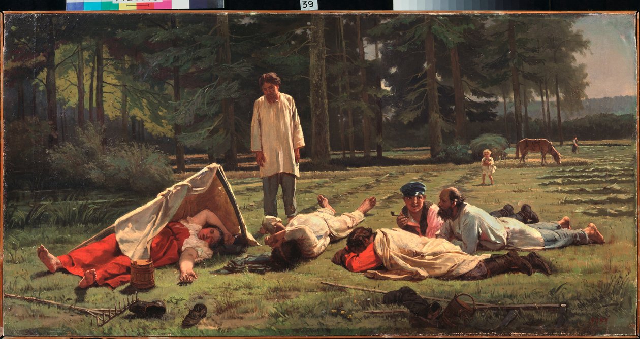 Descanse na colheita do feno - Pintura de Firs Sergeevich Zhuraviev (1836-1901), óleo sobre tela de Firs Sergeevich Zhuravlev