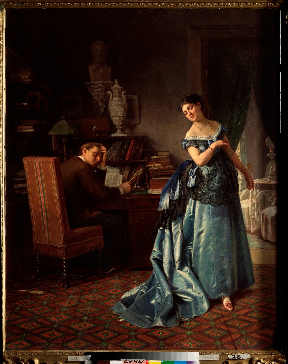 Uma dama da moda, preparação para um baile - pintura de Firs Sergeevich Zhuraviev (1836-1901), óleo sobre tela de Firs Sergeevich Zhuravlev