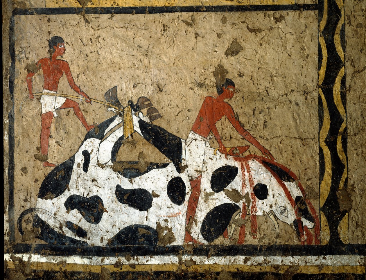 Antiquite egípcia: um touro é sacrificado diante de um sarcófago. Detrempe em barro e palha do túmulo do General e Chanceler do Rei Iti em El Ghebelen, perto de Luxor. 2200-2000 AC. Turim, museu egípcio de First Intermediate Period Egyptian