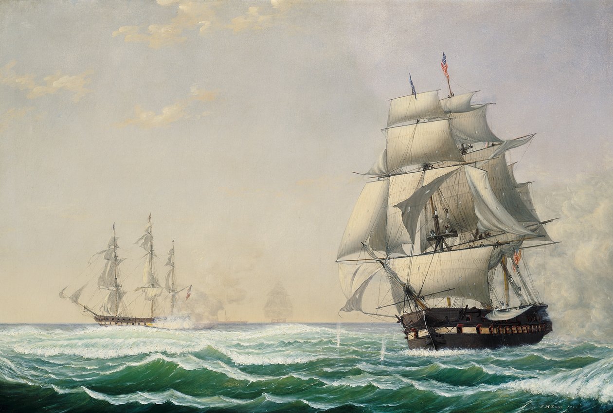 O Presidente da Fragata dos Estados Unidos Envolvendo o Esquadrão Britânico em 1815, 1850 de Fitz Henry Lane