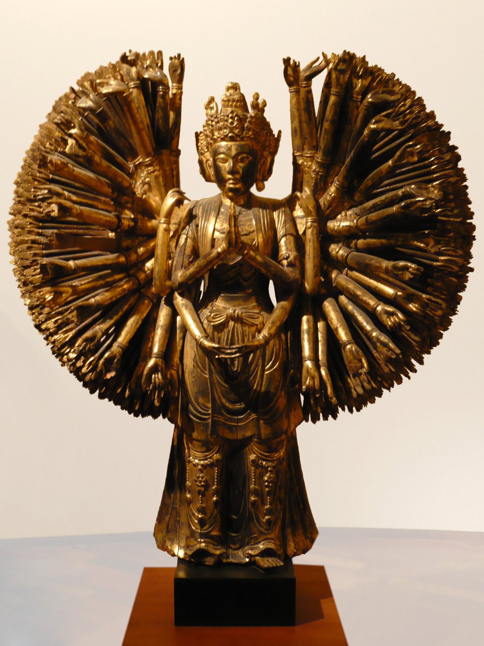 Bodhitsattva Avalokitesvara (Guanyin), China, Five Dynasties, 907-960 (madeira brilhante e dourada) de Five Dynasties Chinese School