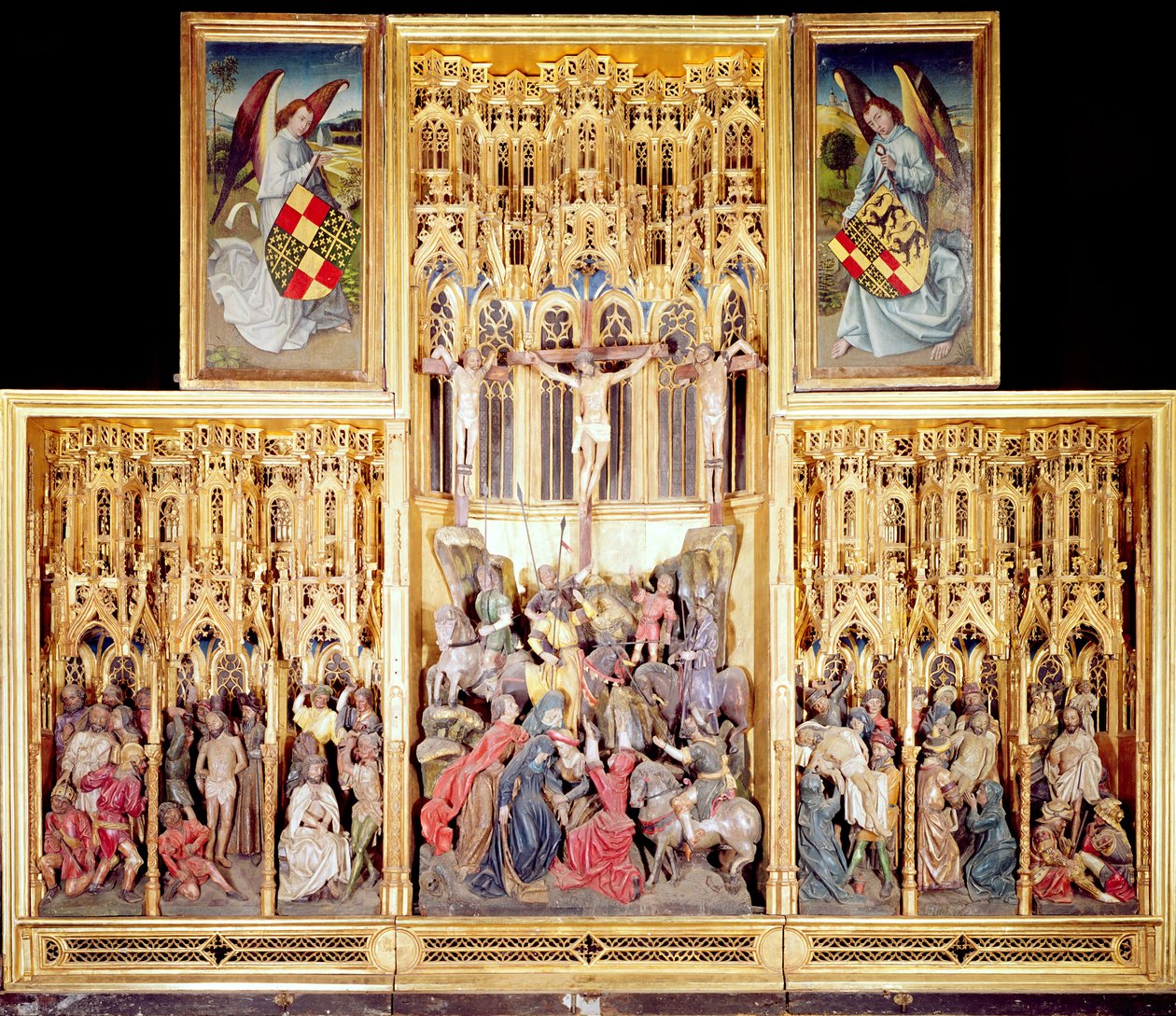 Secção central do Retábulo Ambierle, 1460-66 (madeira de nogueira dourada e pintada) de Flemish School