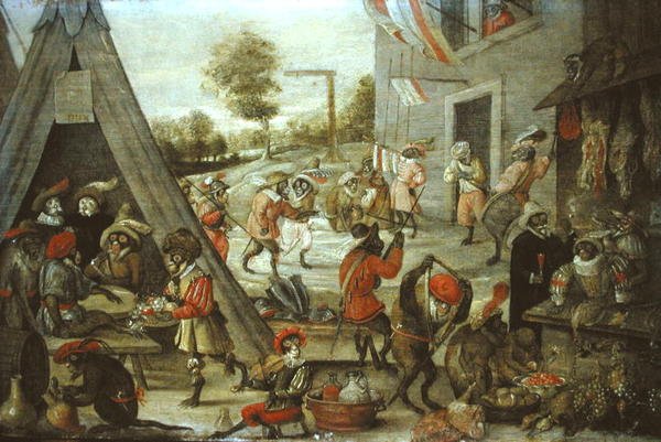 Soldados de Macaco e Gato em um Acampamento, 1632 (veja 204409) de Flemish School