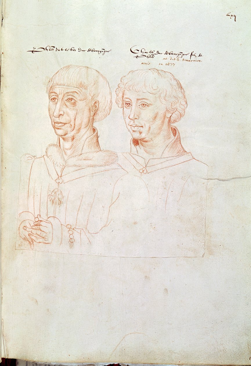 Ms 266 f.61 Filipe III, o Bom (1396-1467) Duque de Borgonha e seu filho, Charles the Bold (1433-77), do &39;Recueil d&39;Arras&39; (giz vermelho sobre papel) de Flemish School