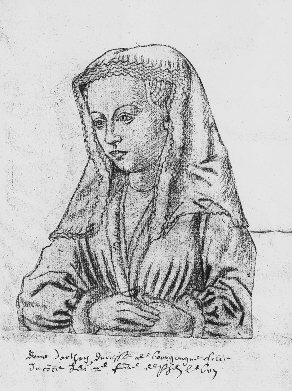 266 fol.62 Bonne d&39;Artois, Condessa de Nevers e Rethel, Duquesa da Borgonha, de «The Recueil d&39;Arras» (giz vermelho sobre papel) de Flemish School
