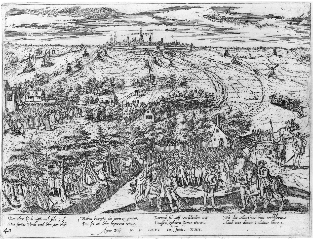 Protestantes reunidos em campo aberto em Antuérpia, 1576 de Flemish School
