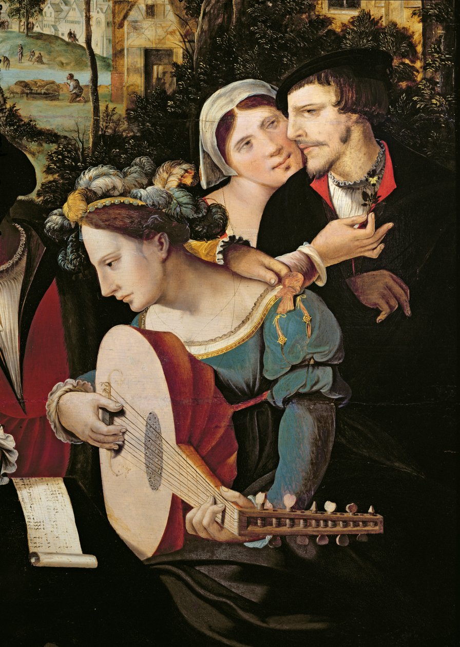 Galante nos portões de Paris, detalhe de um casal e um alaúde (detalhe de 216104) de Flemish School