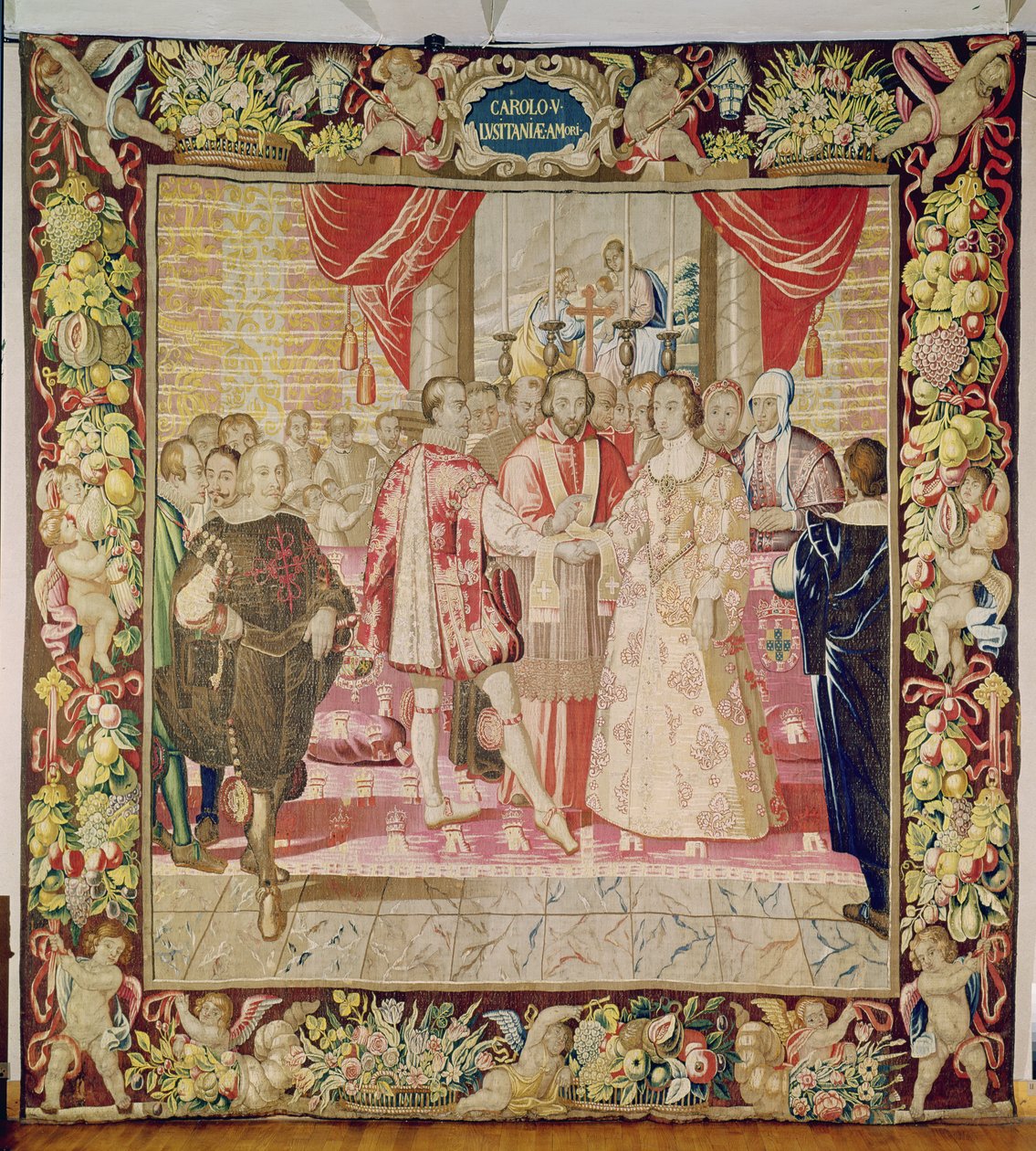 A tapeçaria de Carlos V representando o casamento de Carlos V com Isabella de Portugal em 1526, Bruges, c.1630-40 (tapeçaria) de Flemish School