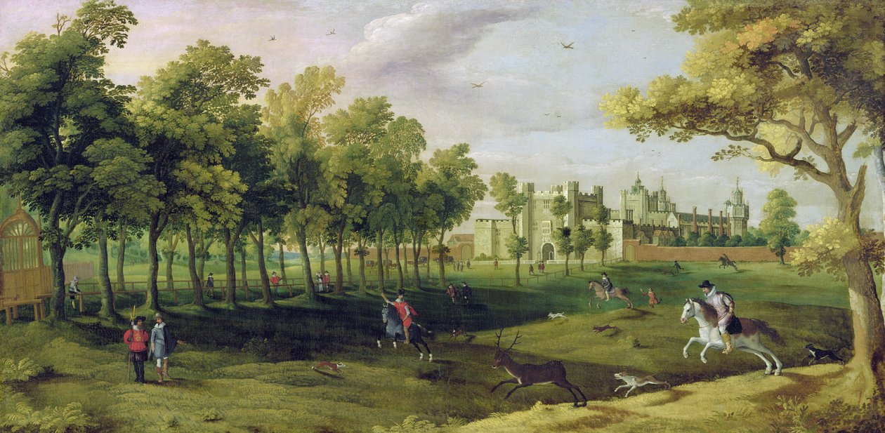 Vista do Palácio Nonsuch no tempo do rei James I, início do século XVII (para detalhes ver 65996) de Flemish School
