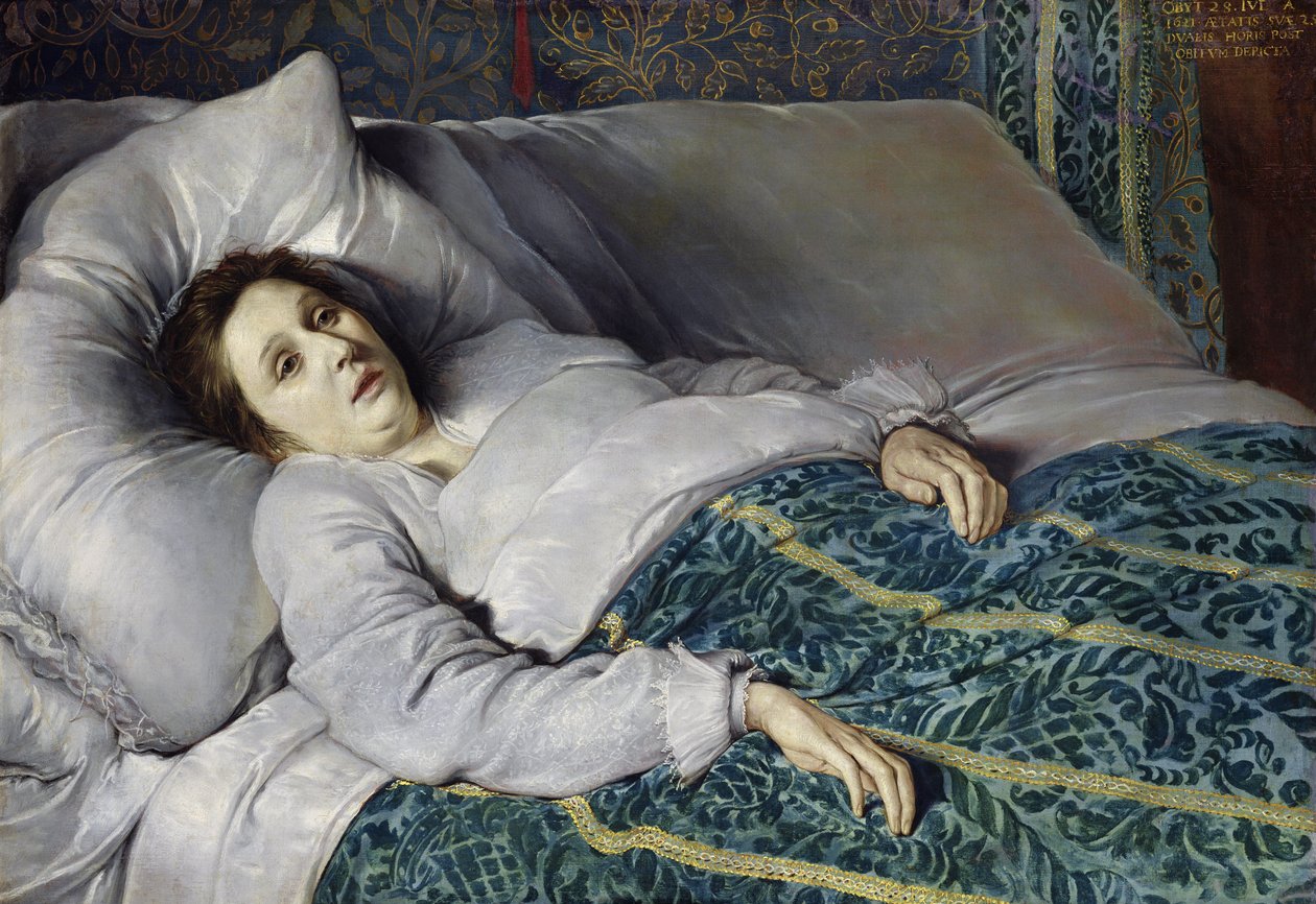 Jovem mulher em sua cama da morte, 1621 de Flemish School