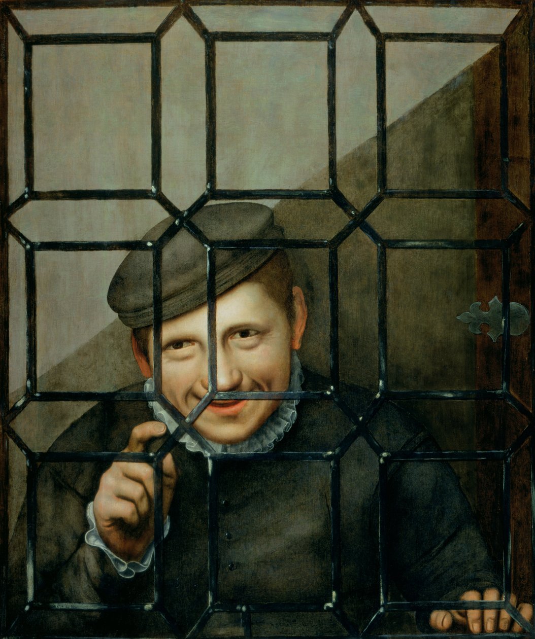 Um menino olhando através de uma janela de batente de Flemish School