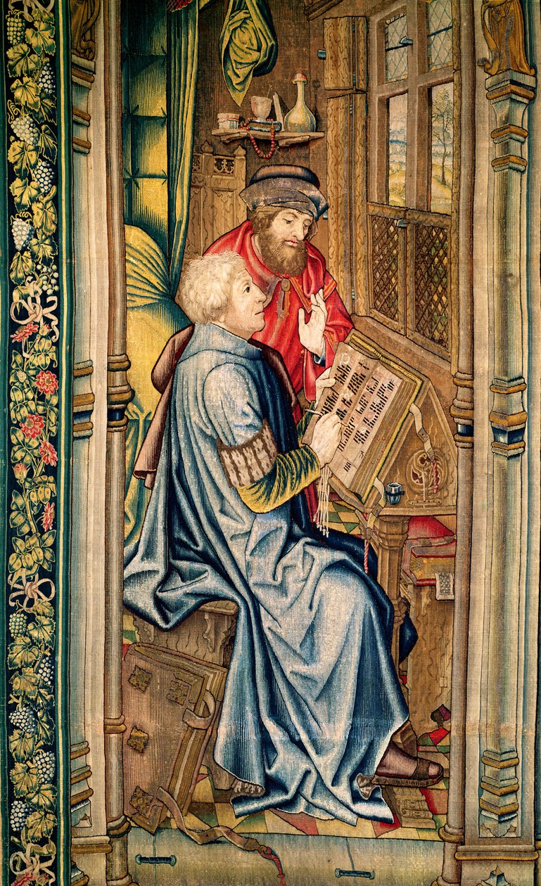 Um Escriba Escreve uma Conta, detalhe do Transporte da Arca da Aliança, da Tapeçaria de Davi e Bate-Seba, c.1510-15 de Flemish School