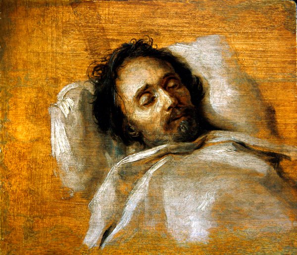Um Estudo de um Homem no seu leito de morte (óleo no painel) de Flemish School