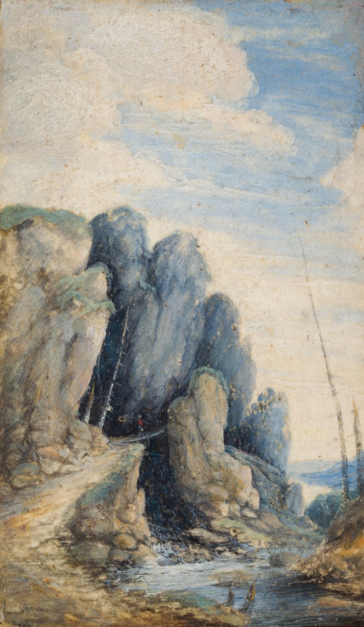 Um viajante numa ponte numa paisagem rochosa de um rio de Flemish School