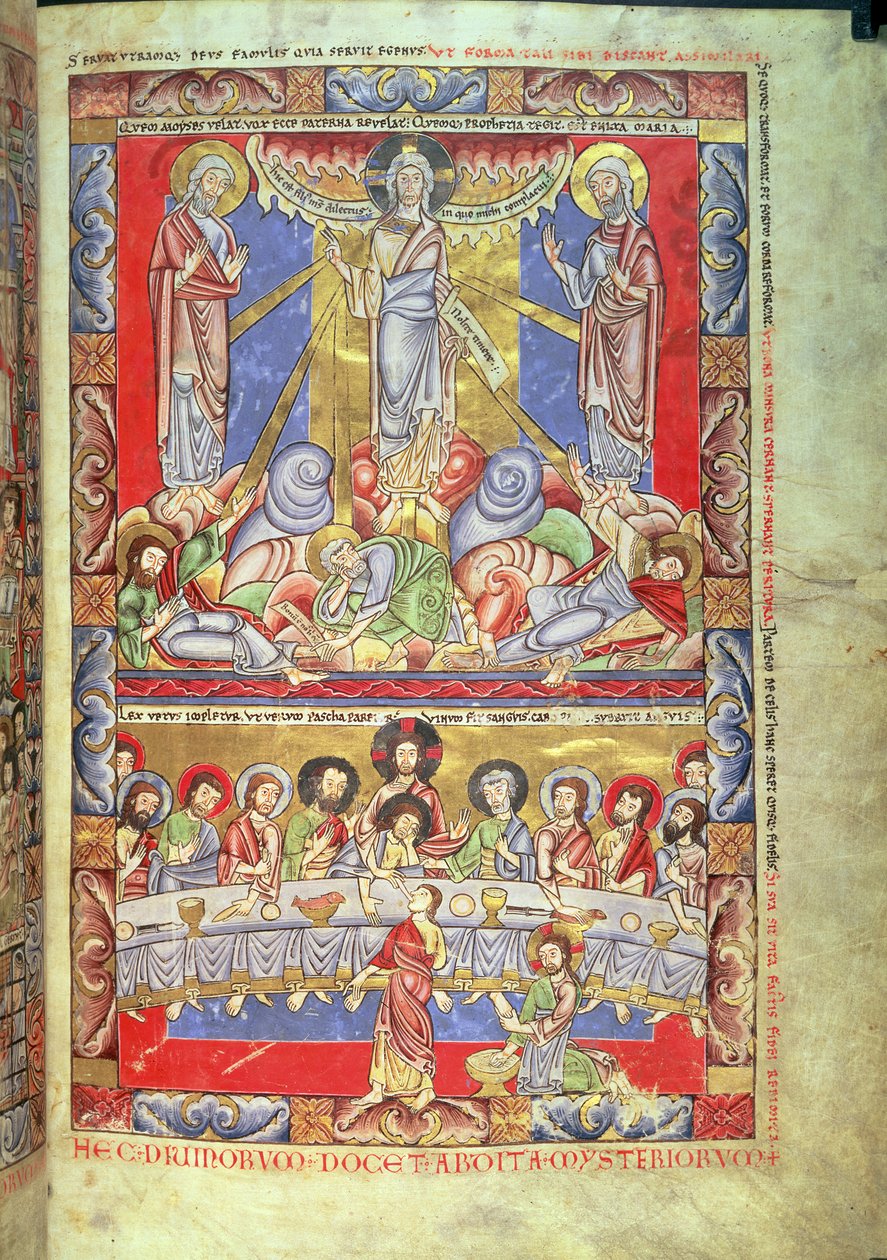 Adicionar 17738 Vol II f.4 Transfiguration, the Last Supper, da Bíblia de Floreffe, c.1156 (vellum) de Flemish School
