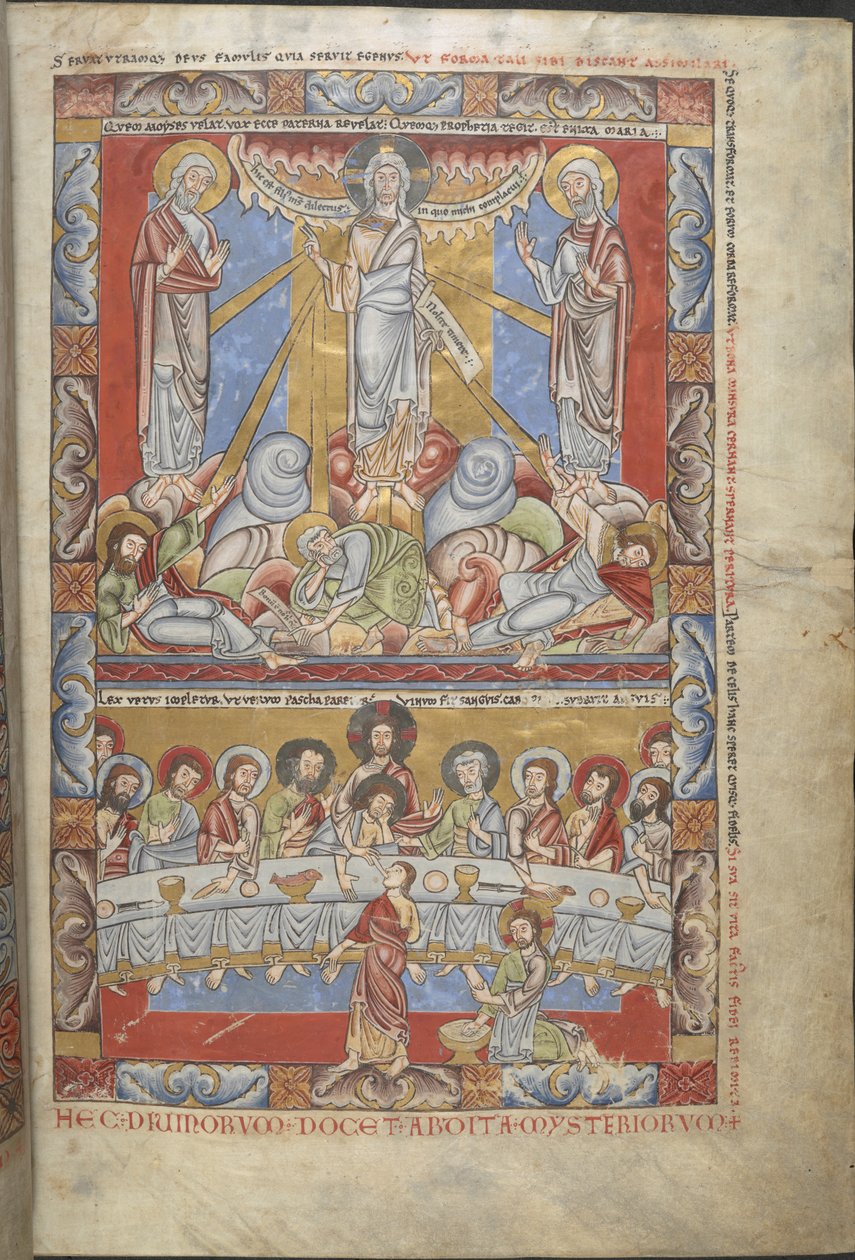 Acrescentar. 17738, f.4 Miniatura de página inteira em dois registos, da Transfiguração de Cristo e da Última Ceia, ilustrações de 