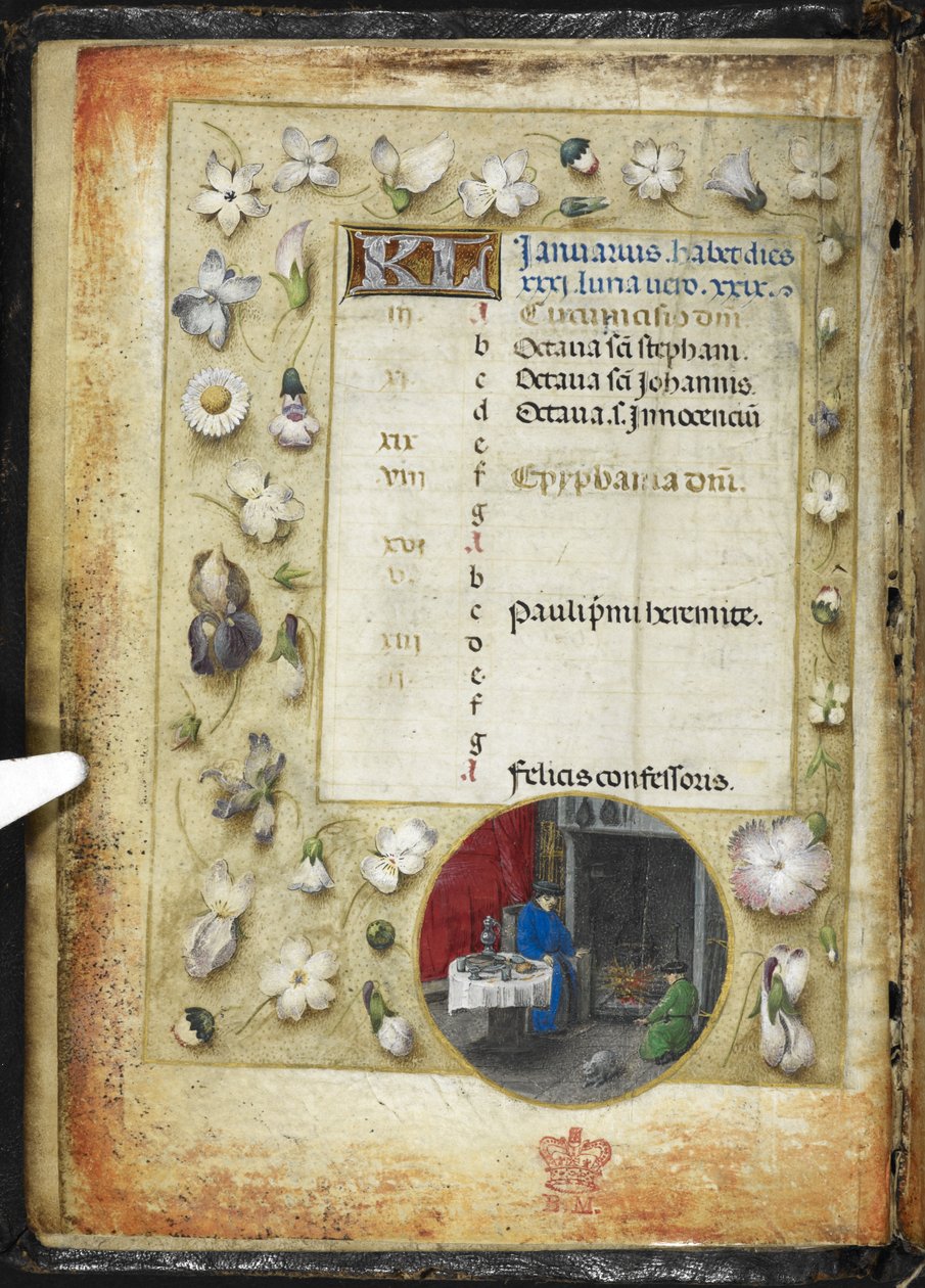Adicionar MS 38126 f.1v Página do calendário de janeiro, com uma miniatura redonda de dois homens se aquecendo diante de uma fogueira, de um 