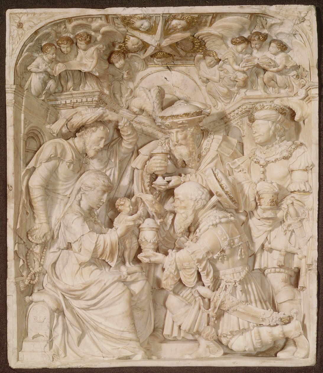 Adoração dos Magos, alabastro e relevo dourado pintado, flamengo, inscrito `AH, c.1540 de Flemish School