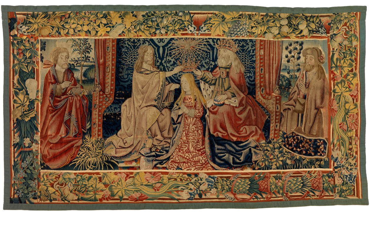 Tapeçaria de frontal de altar representando a Coroação da Virgem, entre dois santos, fabricada na Flandres ou na Baixa Renânia de Flemish School