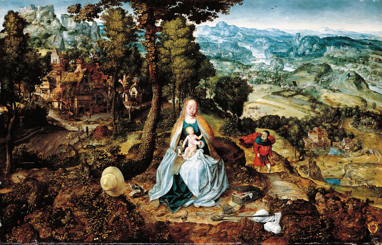 Uma paisagem extensa com O resto da fuga para o Egito, escola de Antuérpia, c.1520 de Flemish School