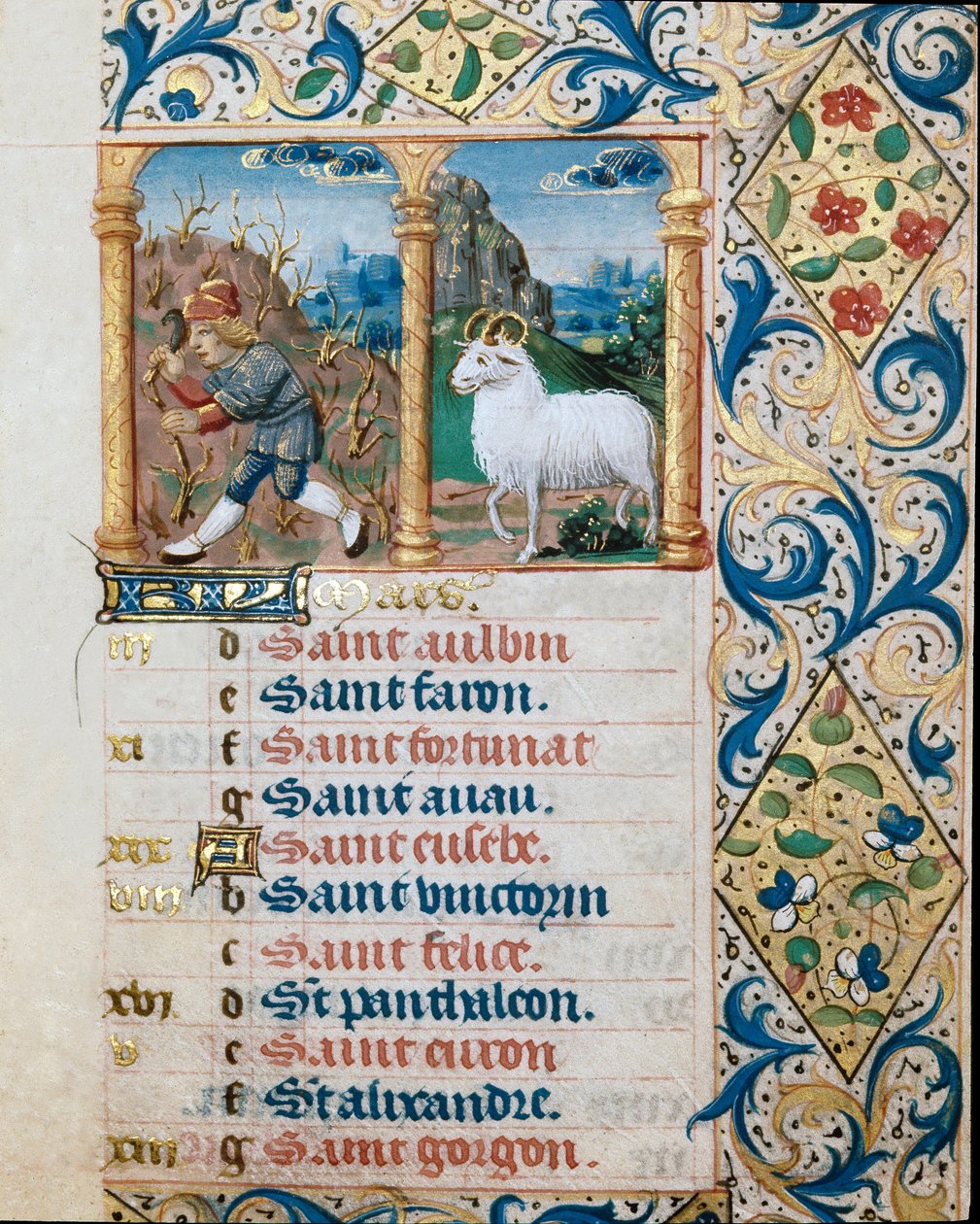 Calendário, o mês de Março, um camponês semeador e o campanário. Página tirada de um livro de horas ms. 47, iluminado pela escola flamenga. Século XVI Badia de 