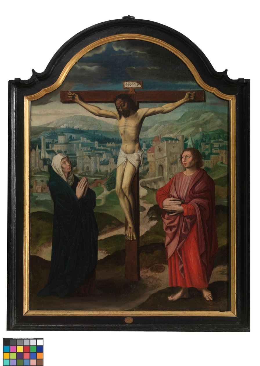 Painel central do Tríptico com Crucificação e Textos (óleo sobre painel) de Flemish School