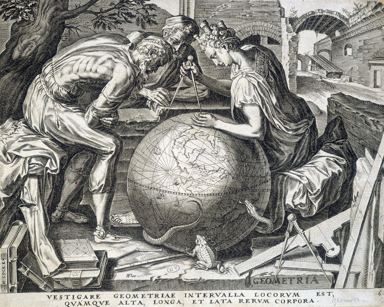 Personagens inclinados acima do globo terrestre com comppas (alegoria da geometria) - gravura, Flandres de Flemish School