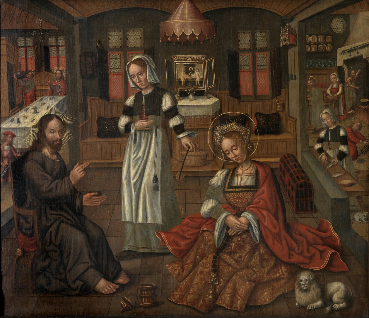 Cristo em Betânia na Casa de Martha e Maria (óleo sobre painel) de Flemish School