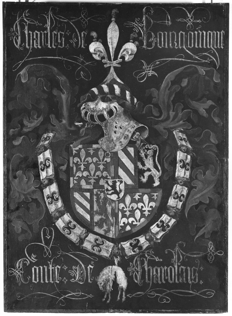 Brasão de Charles de Bourgogne (1433-77) Conde de Charolês, 3º Capítulo da Ordem do Tosão de Ouro, Dijon, 1433 de Flemish School
