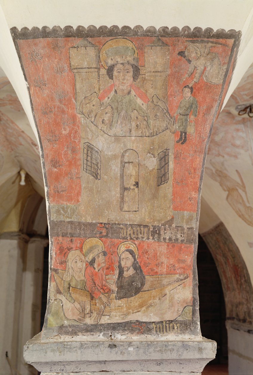 Daniel no Lions Den, apresentando abaixo de St Julian, sua esposa e Jesus Cristo, mural da cripta, c.1480-1540 de Flemish School
