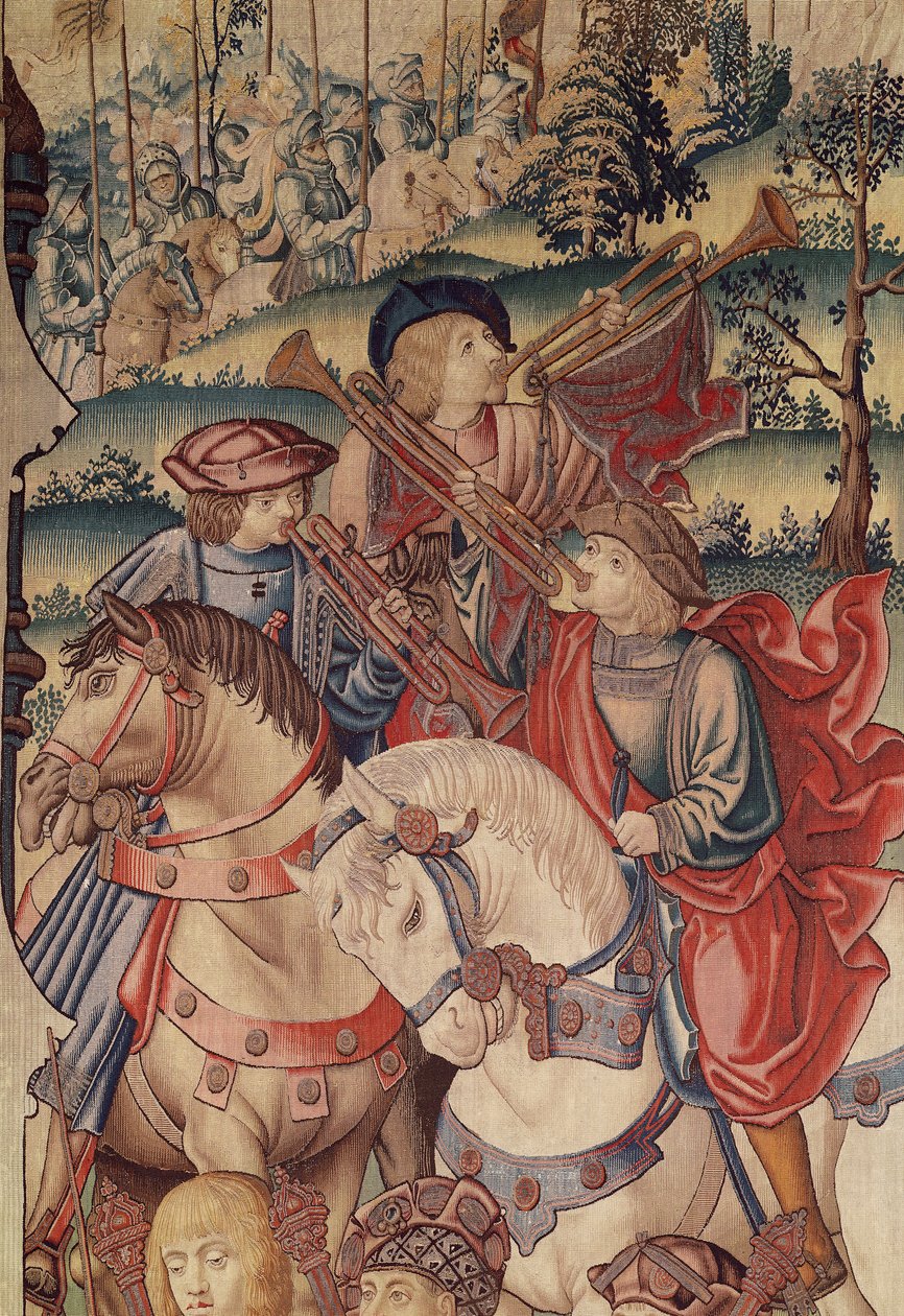 Detalhe dos Trompetistas a cavalo, da Tapeçaria de Davi e Bate-Seba, 1510-15 de Flemish School