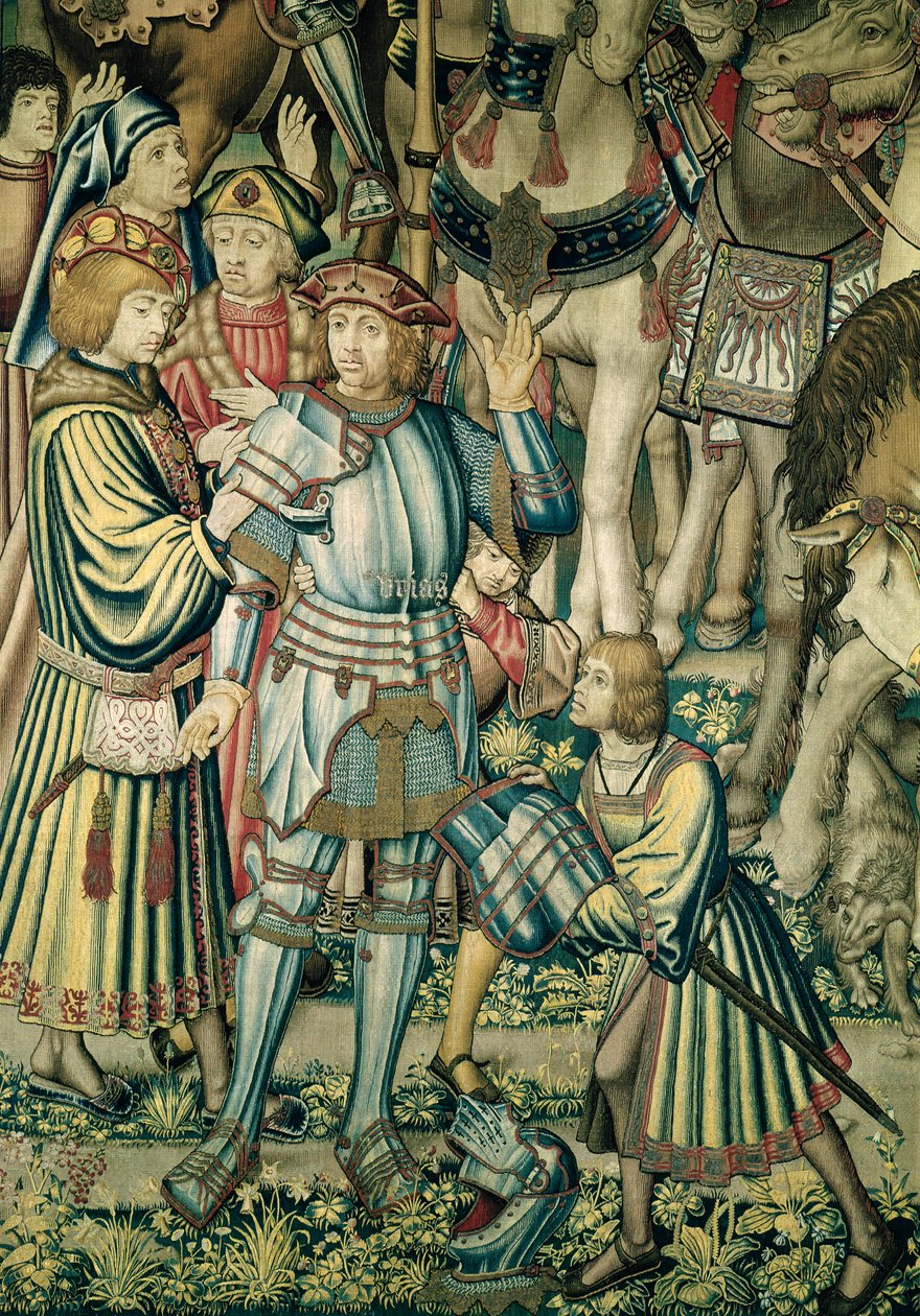 Detalhe de Urias, o hitita, armado de Montando os Cavaleiros, da tapeçaria de Davi e Bate-Seba, c.1510-15 (ver também 98092) de Flemish School