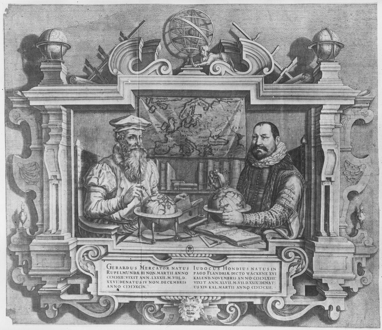 Retrato duplo de Gerard Mercator (1512-94) e Jodocus Hondius (1563-1612) gravado para inclusão na série de atlas de Mercator e Hondius, 1619 (ver também 10457 e 30866 de Flemish School