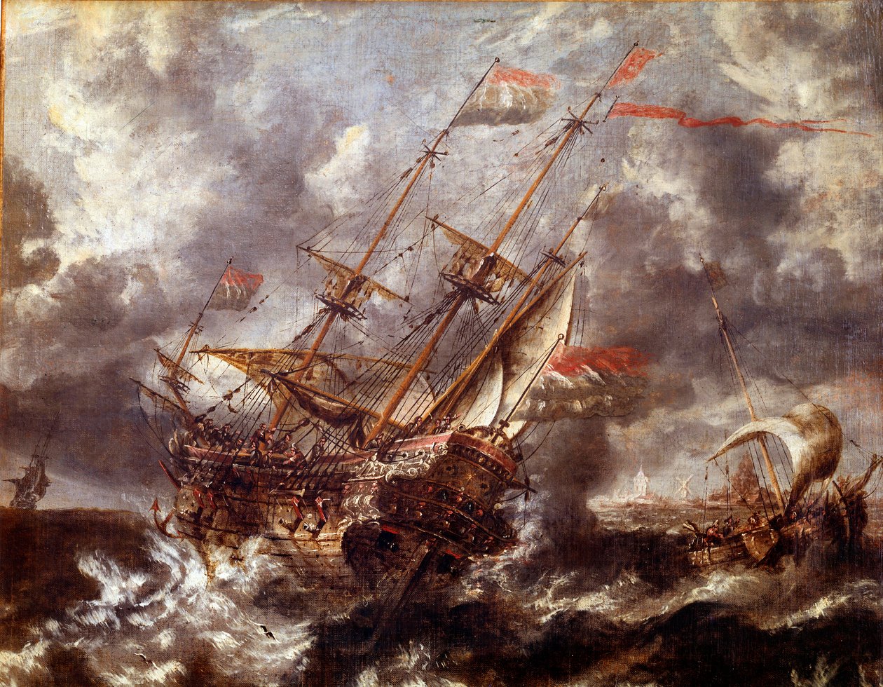 Um barco holandês sem a tempestade. Pintura da escola flamenga de Flemish School