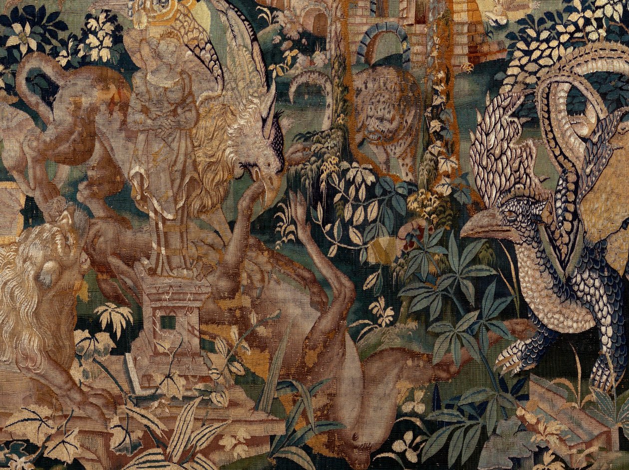tapeçaria flamenga. Paisagem com pérgola e grandes feras, com 2 colunas. Atelier de Oudenaarde. 319x508cm. Inv 0023. Século XVII. de Flemish School